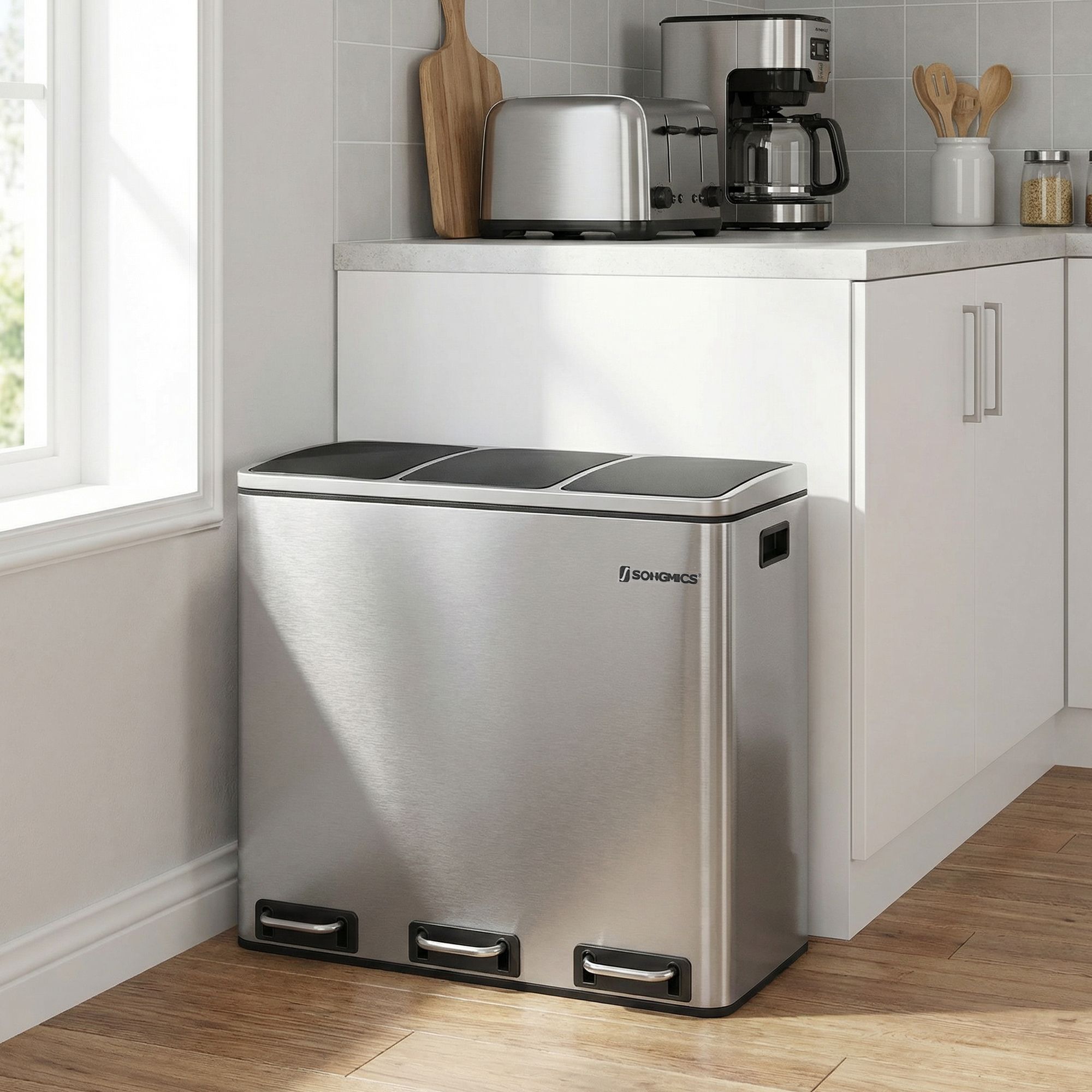 Virtuvinė šiukšliadėžė, 54 l, 3 x 18 l, 3 skyrių atliekų rūšiavimo sistema, sidabro-juoda - Image 5