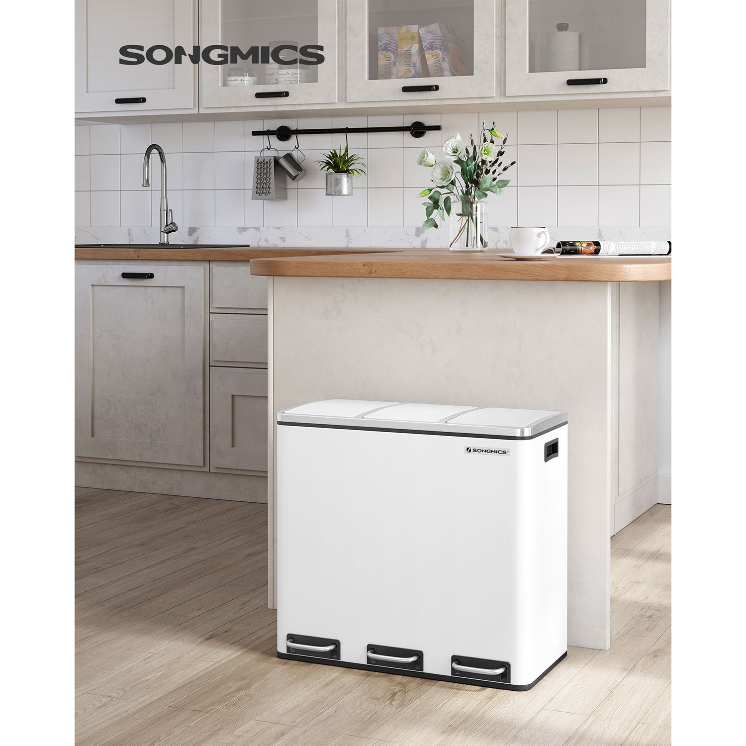 Keittiön poljinroska-astia, 54 l, 3 x 18 l, valkoinen, teräs ja muovi - Image 2