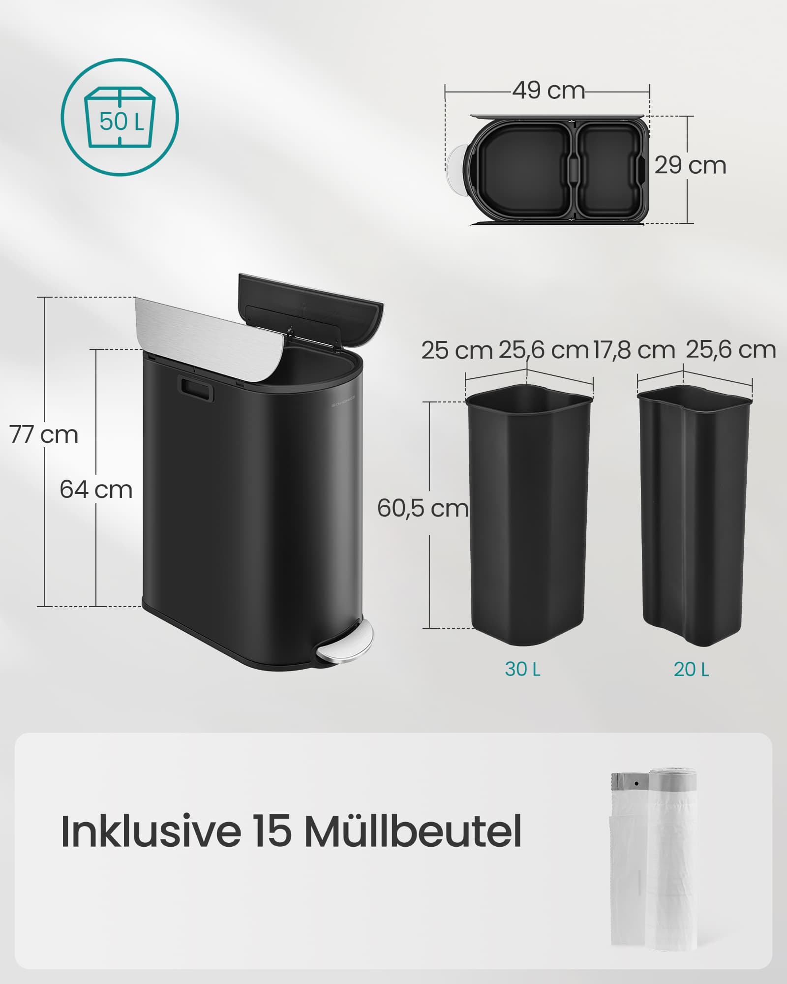 Atliekų rūšiavimo šiukšliadėžė virtuvei, 2 skyrių, 30 l + 20 l, 49 x 29 x 64 cm - Image 9