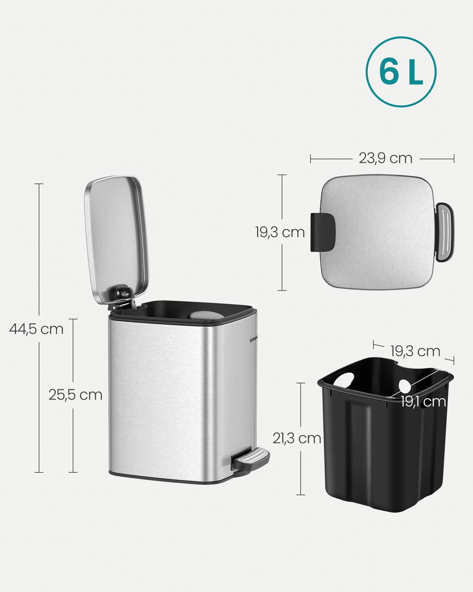 Kosmetiikkaroskakori polkimella, 6 l, metallinhopea, teräs, 23,9 x 19,3 x 25,5 cm - Image 6
