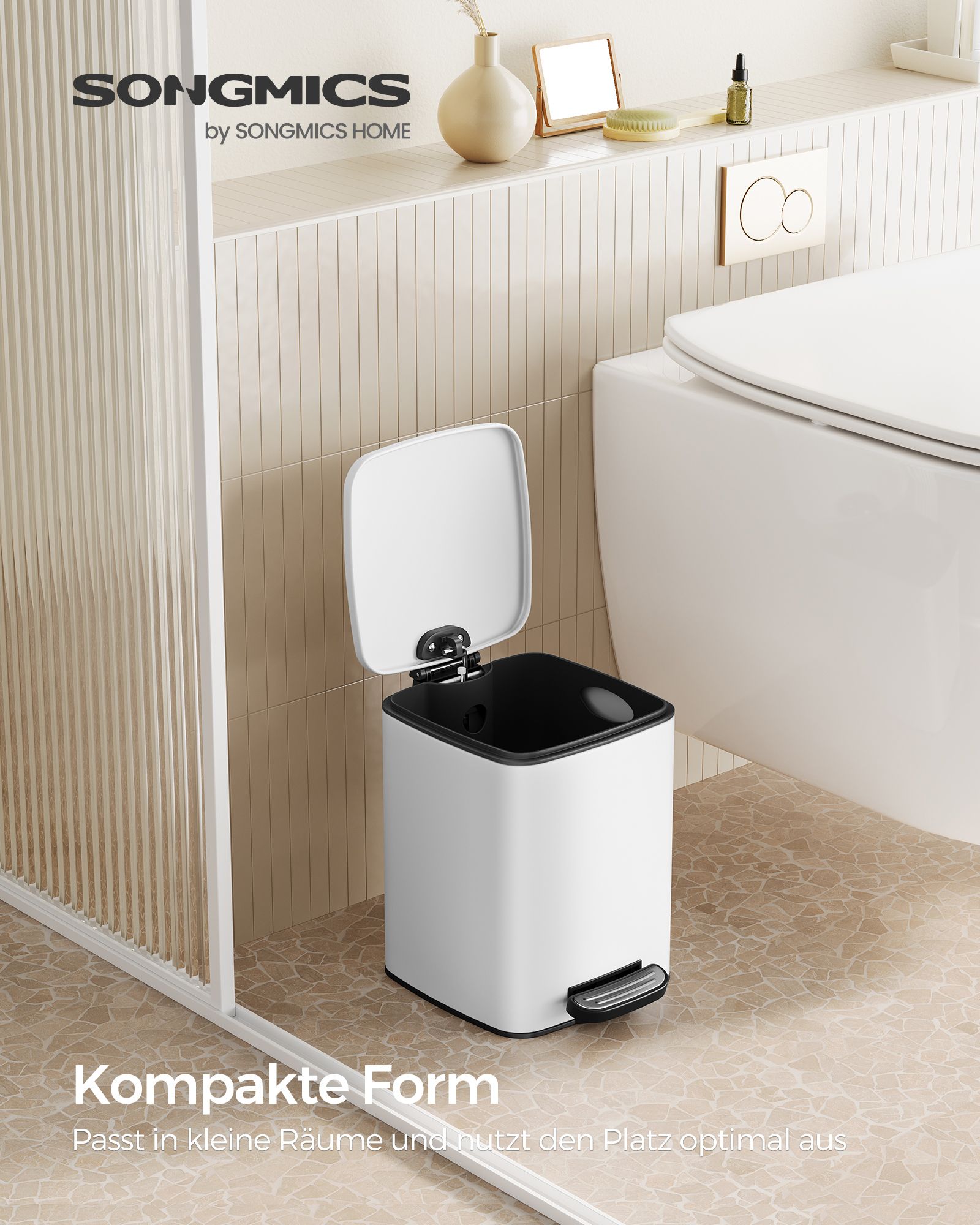 Kosmetinė šiukšliadėžė su pedalu, 6 l, balta, plieninė, 23,9 x 19,3 x 25,5 cm - Image 2