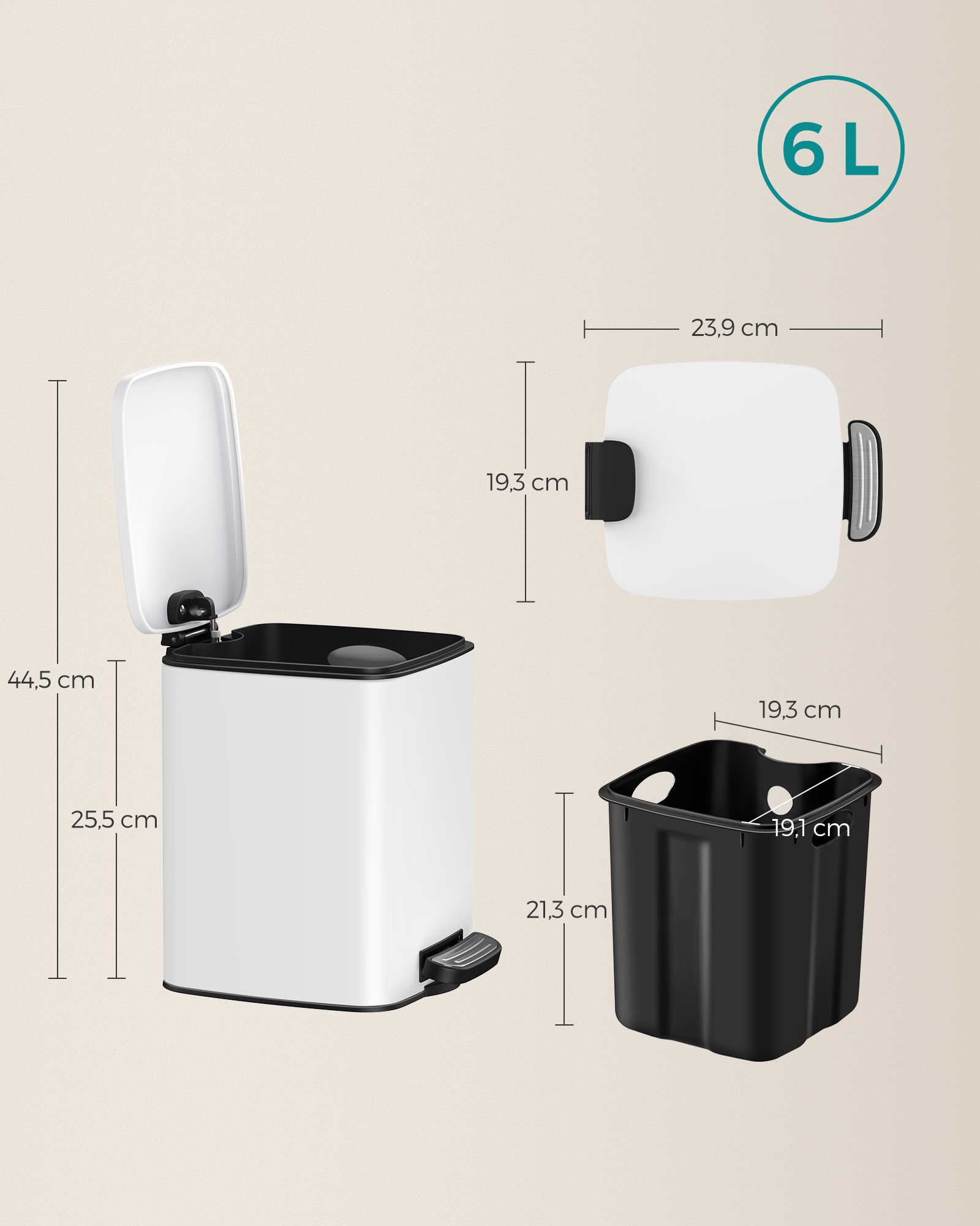 Kosmetinė šiukšliadėžė su pedalu, 6 l, balta, plieninė, 23,9 x 19,3 x 25,5 cm - Image 6