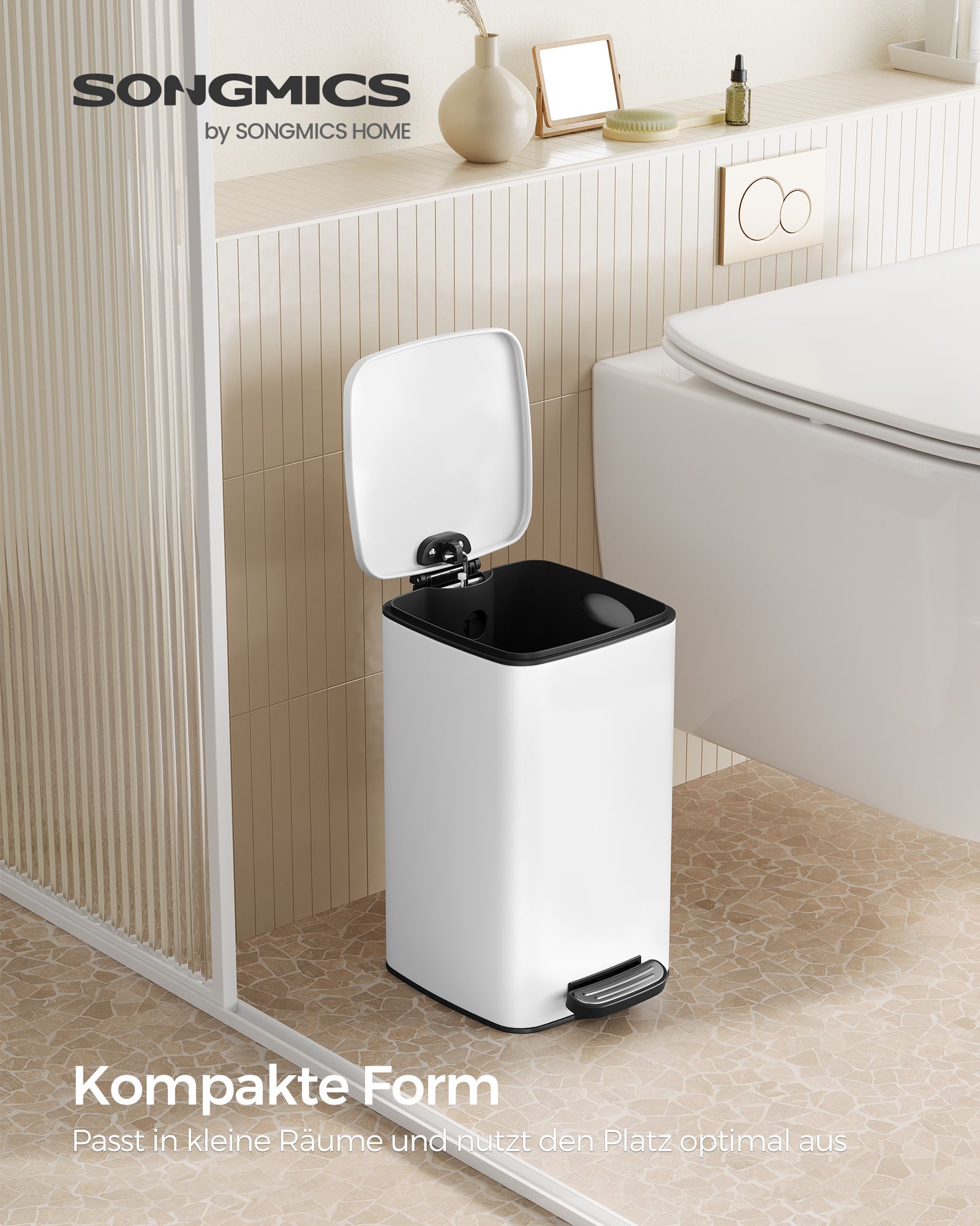 Kosmetinė šiukšliadėžė su pedalu, 8 l, balta, plieninė, su soft-close dangčiu - Image 2