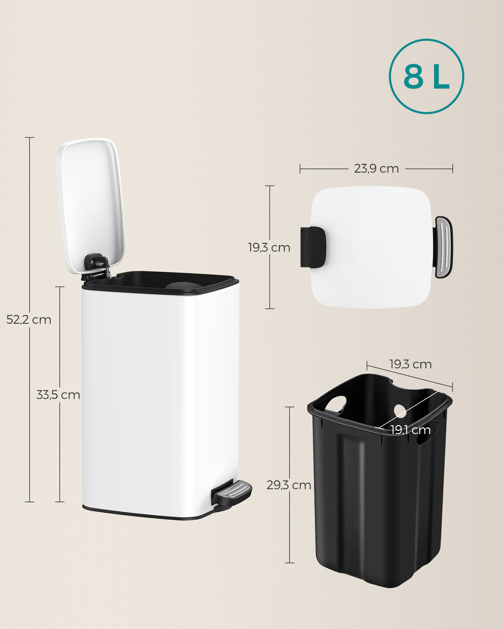 Kosmetinė šiukšliadėžė su pedalu, 8 l, balta, plieninė, su soft-close dangčiu - Image 6