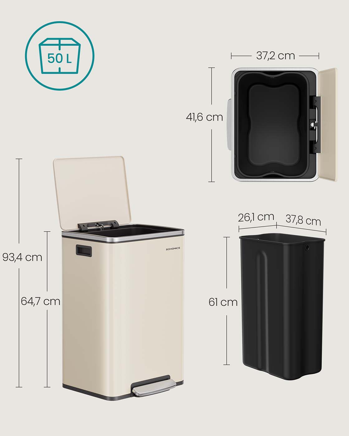Atkritumu tvertne ar vāku, 50 l, krēmkrāsas, tērauda, 41,6 x 37,2 x 64,7 cm - Image 7