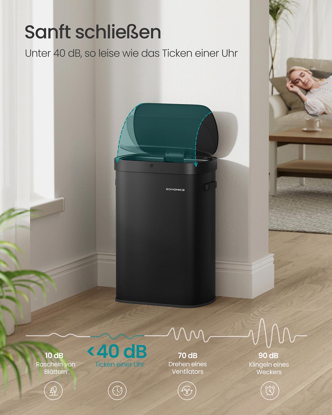 Automatinė šiukšliadėžė su jutikliu, 50 l, plieninė, juoda, su švelniai užsidarančiu dangčiu - Image 4