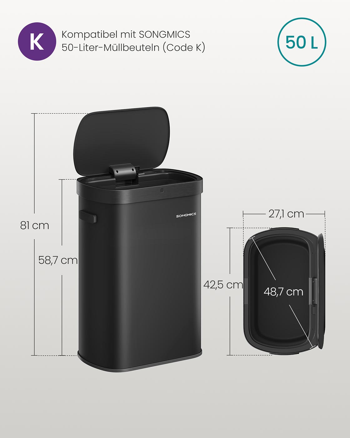 Automatinė šiukšliadėžė su jutikliu, 50 l, plieninė, juoda, su švelniai užsidarančiu dangčiu - Image 7
