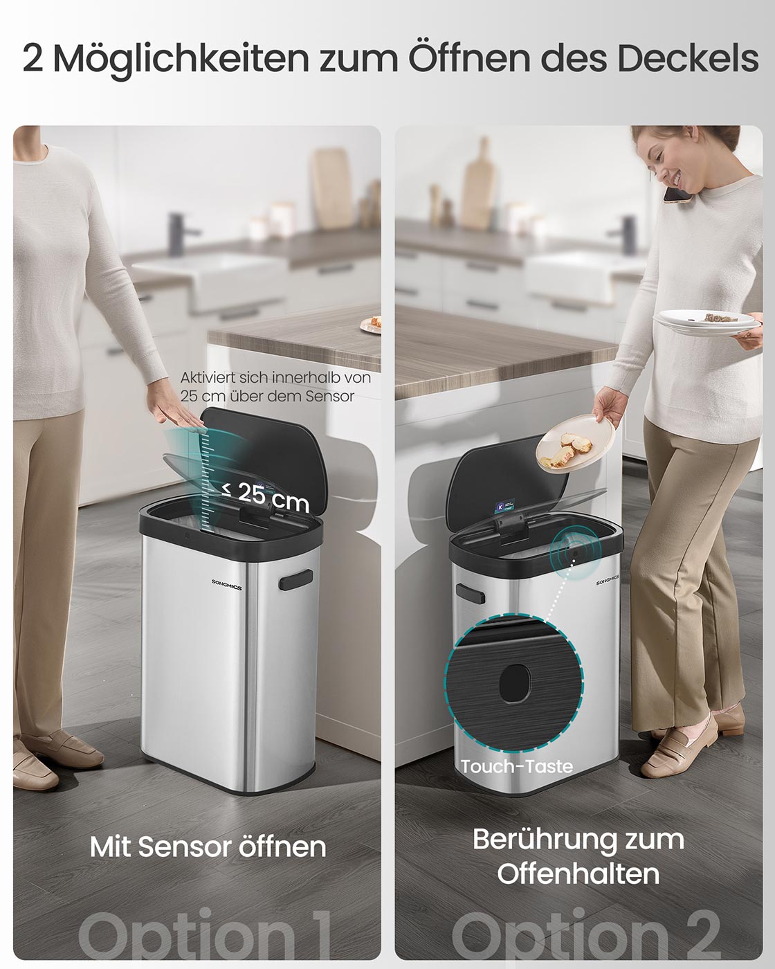 Automatinė šiukšliadėžė su jutikliu, 50 l, plieninė, sidabro ir juodos spalvos - Image 3