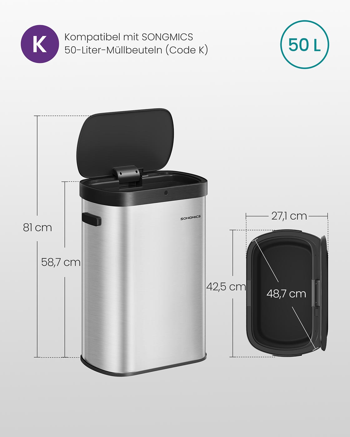Automatinė šiukšliadėžė su jutikliu, 50 l, plieninė, sidabro ir juodos spalvos - Image 7