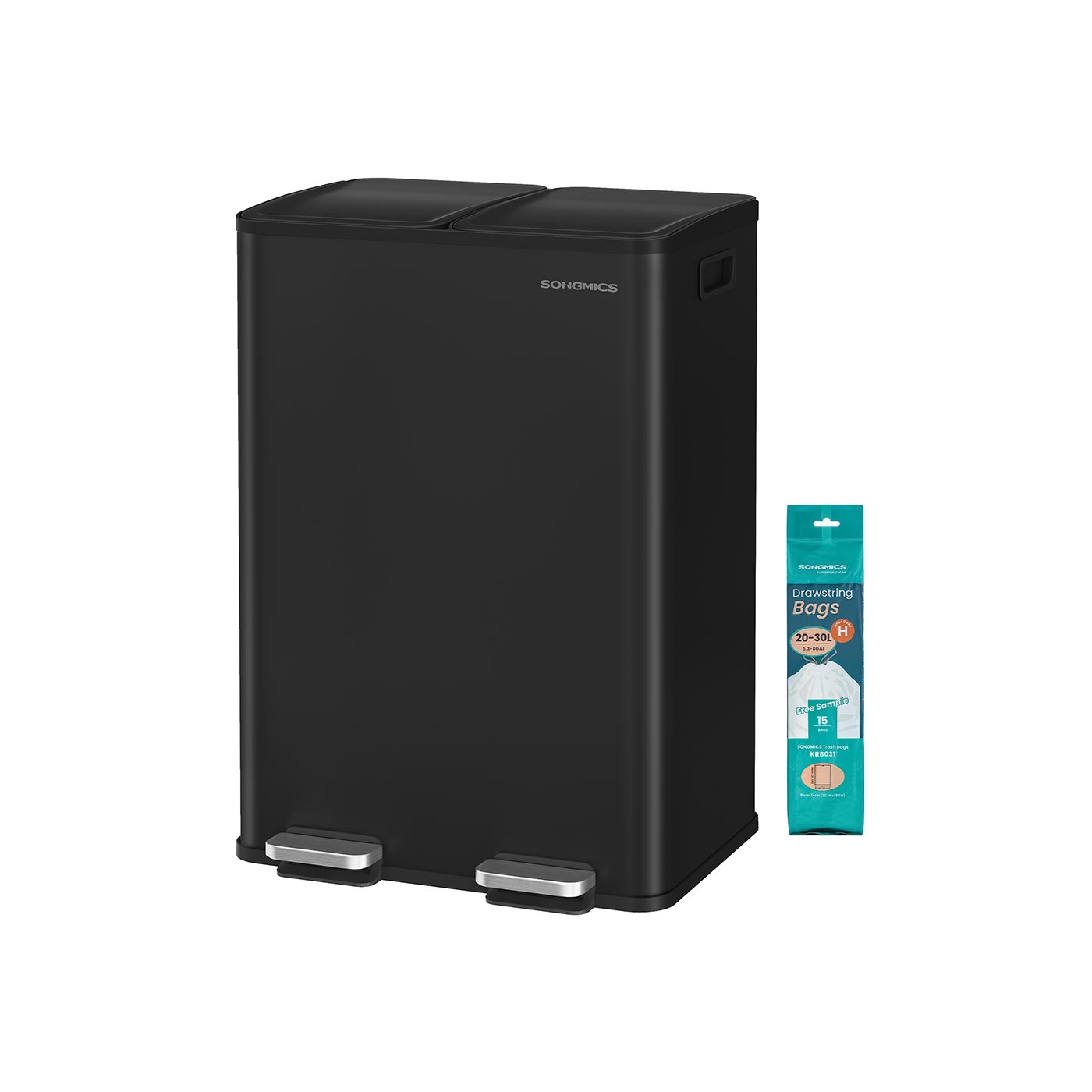 Virtuvinė šiukšliadėžė su 2 skyriais, 2 x 30 l, plieninė, su soft-close dangčiu, juoda