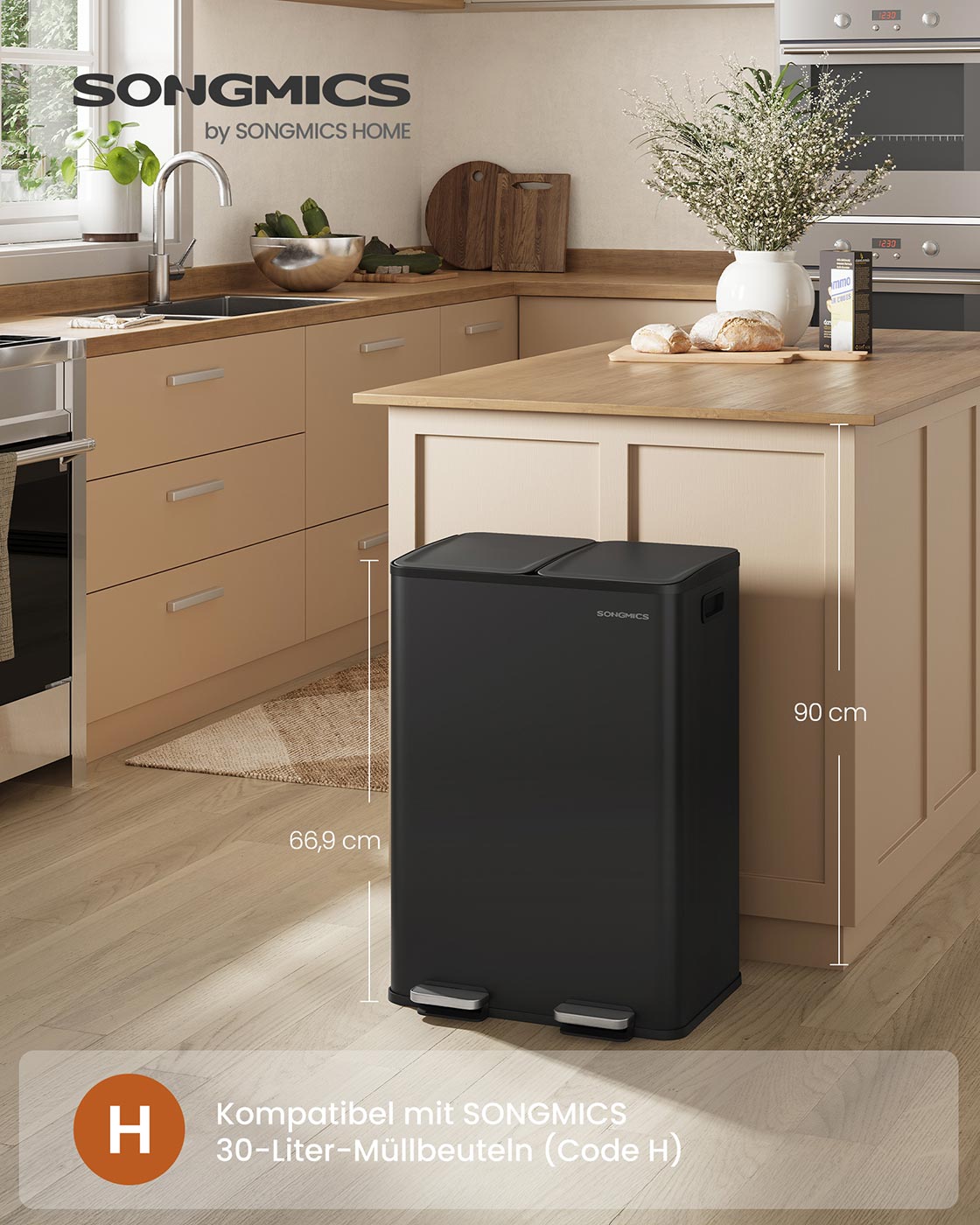 Virtuvinė šiukšliadėžė su 2 skyriais, 2 x 30 l, plieninė, su soft-close dangčiu, juoda - Image 2