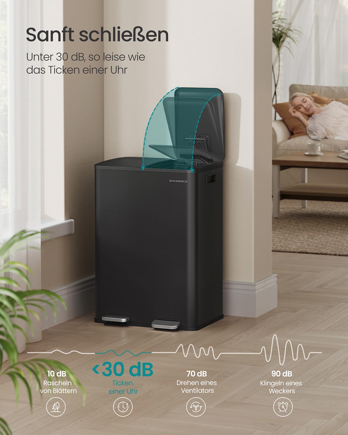 Virtuvinė šiukšliadėžė su 2 skyriais, 2 x 30 l, plieninė, su soft-close dangčiu, juoda - Image 4