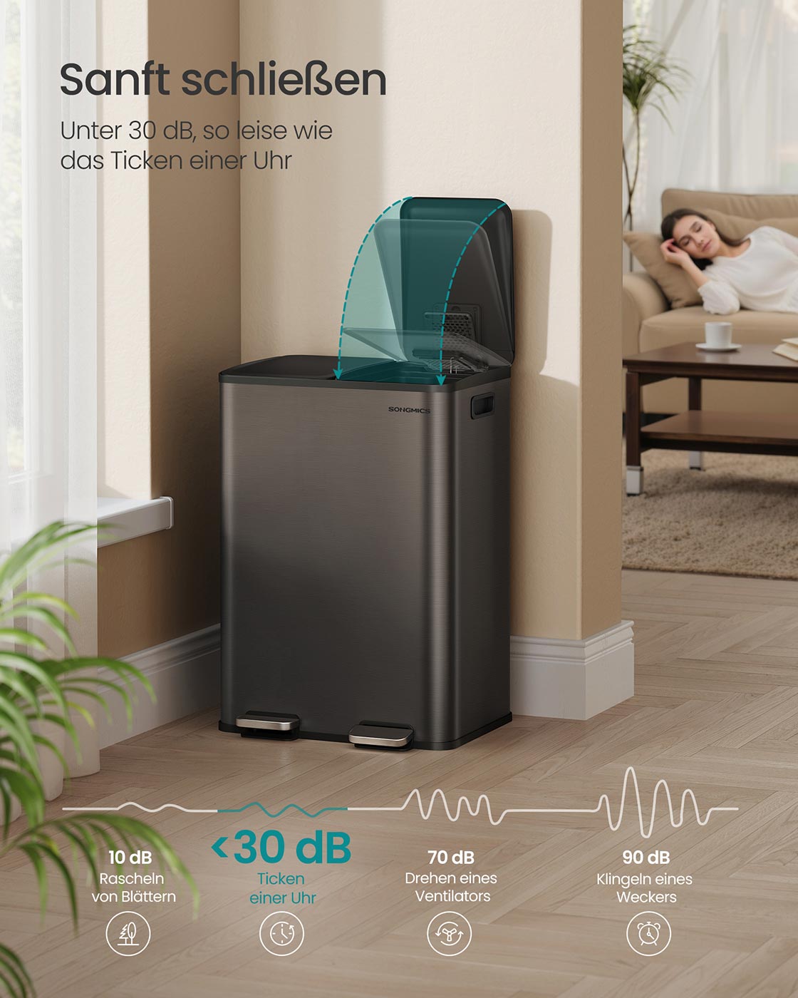 Virtuves atkritumu tvertne ar 2 nodalījumiem, tērauda, ar klusas aizvēršanās vāku, 2 x 30 l - Image 4