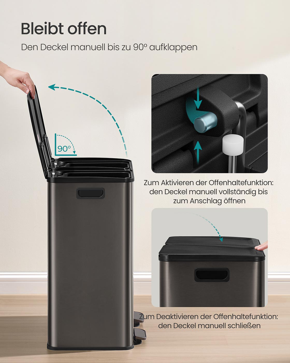 Virtuves atkritumu tvertne ar 2 nodalījumiem, tērauda, ar klusas aizvēršanās vāku, 2 x 30 l - Image 5