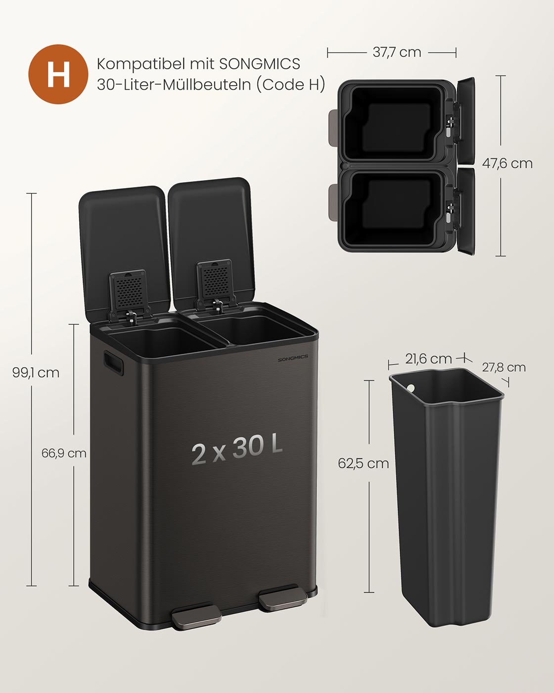 Virtuves atkritumu tvertne ar 2 nodalījumiem, tērauda, ar klusas aizvēršanās vāku, 2 x 30 l - Image 7