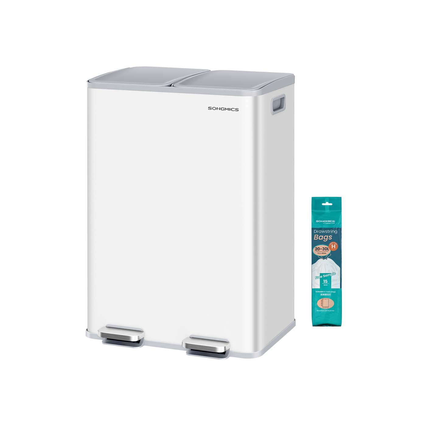 Virtuvinė šiukšliadėžė su 2 skyriais, 2 x 30 l, plieninė, matinė balta