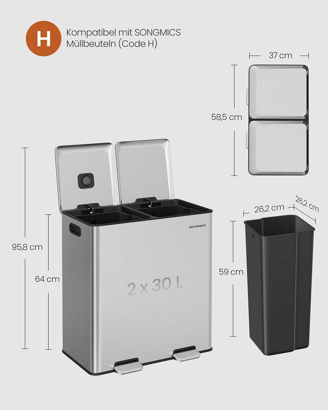 Poljinroska-astia 2 lokerolla, 2 x 30 l, ruostumaton teräs, metallinhopea - Image 6
