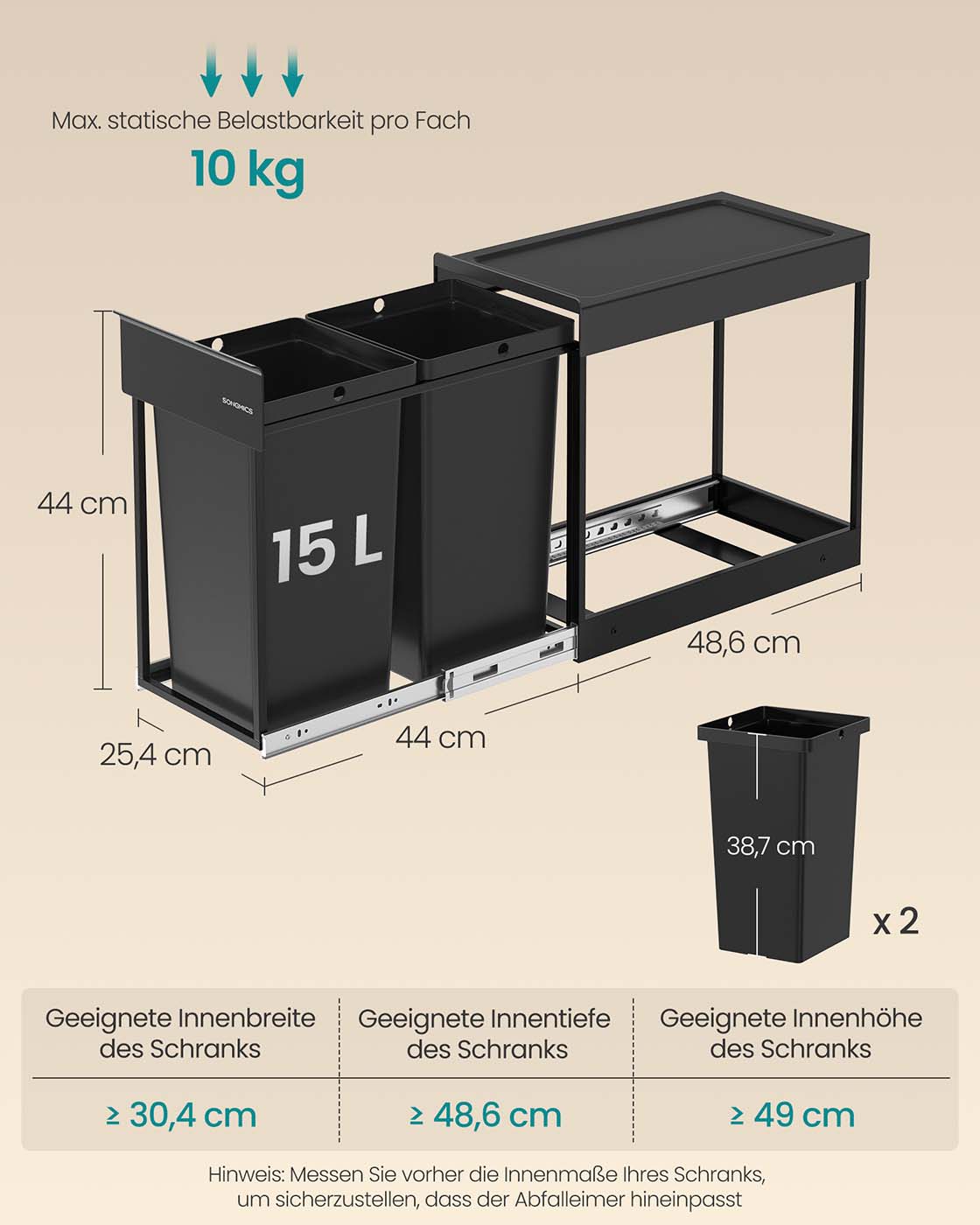 Ulosvedettävä jätteiden lajitteluastia, 2 lokeroa, 2 x 15 l, teräs, musta - Image 6