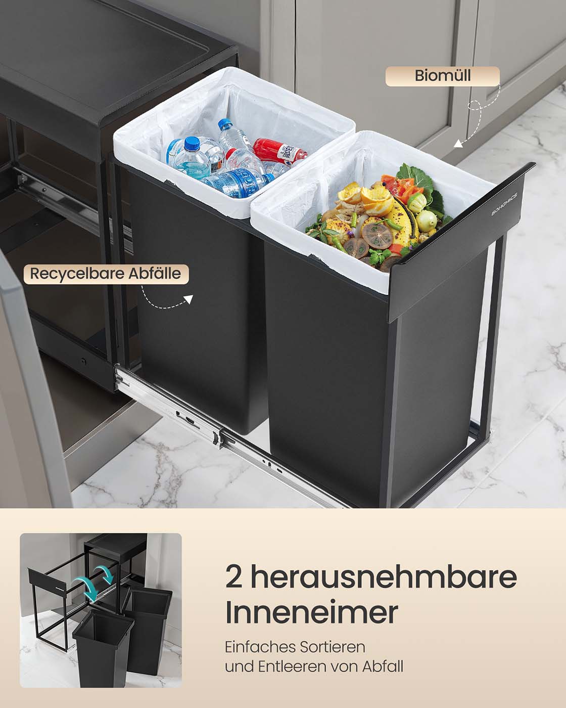 Ulosvedettävä jätteiden lajitteluastia, 2 lokeroa, 2 x 15 l, teräs, musta - Image 4