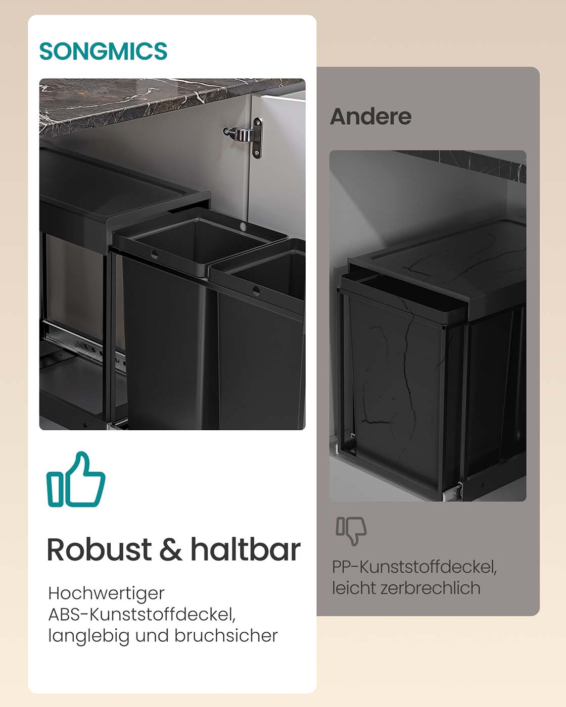 Ulosvedettävä jätteiden lajitteluastia, 2 lokeroa, 2 x 15 l, teräs, musta - Image 5