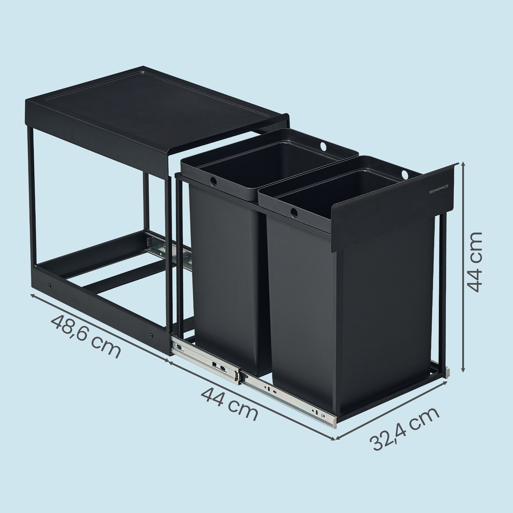Ulosvedettävä jäteastia 2 lokerolla, 2 x 15 l, musta, 48,6 x 32,4 x 44 cm - Image 3