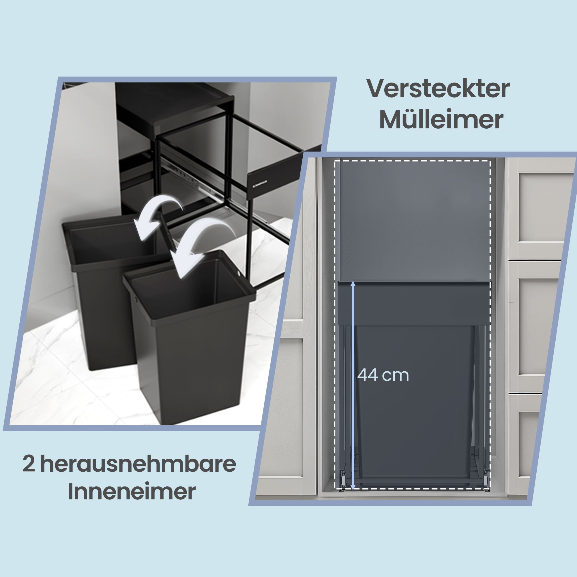 Ulosvedettävä jäteastia 2 lokerolla, 2 x 15 l, musta, 48,6 x 32,4 x 44 cm - Image 6