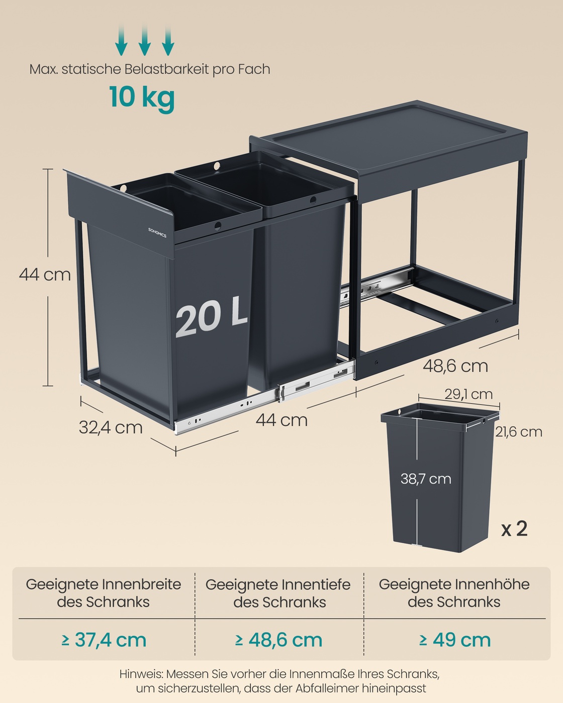 Ulosvedettävä jäteastia kaappiin, 2 lokeroa, 2 x 20 l, harmaa, 48,6 x 32,4 x 44 cm - Image 4