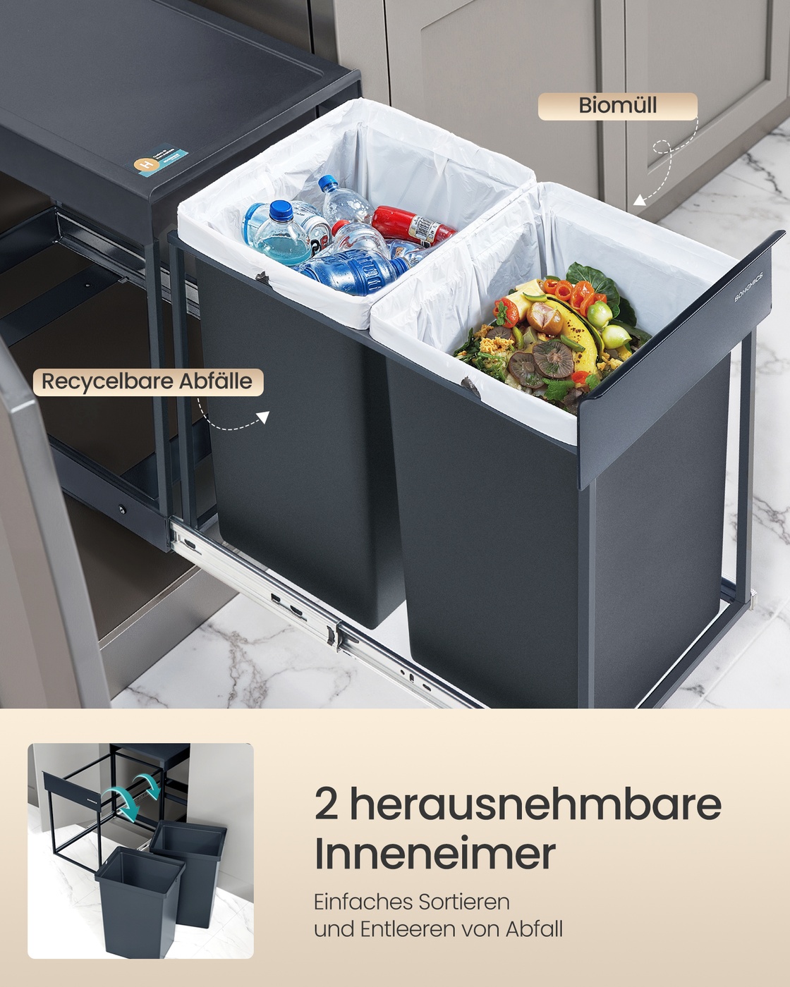 Ulosvedettävä jäteastia kaappiin, 2 lokeroa, 2 x 20 l, harmaa, 48,6 x 32,4 x 44 cm - Image 5