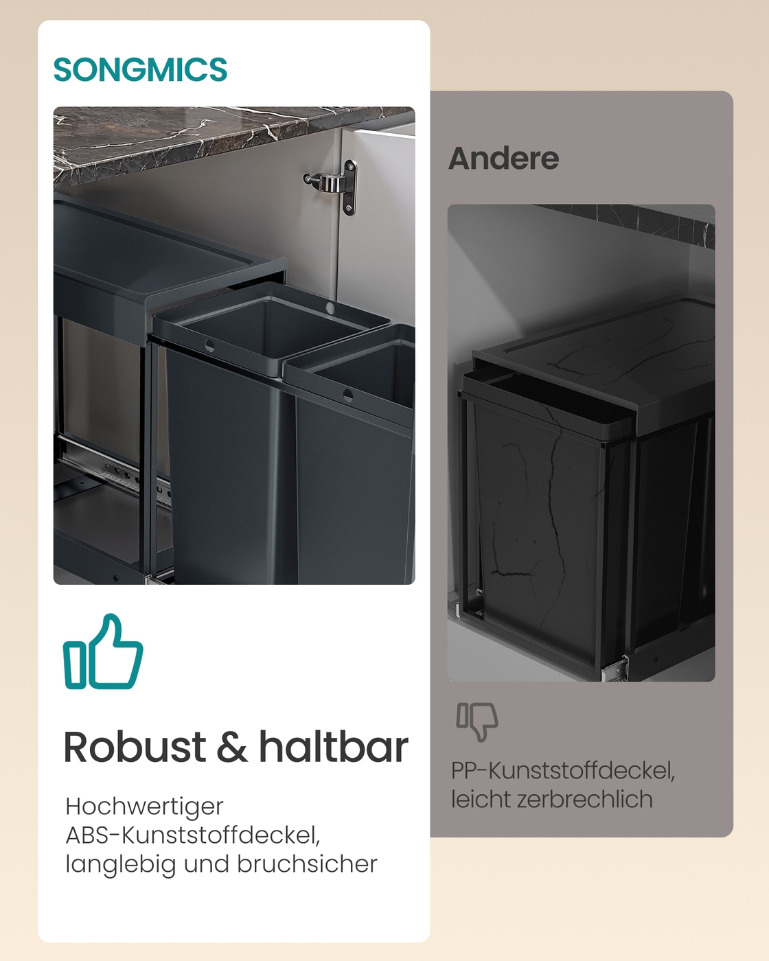 Ulosvedettävä jäteastia kaappiin, 2 lokeroa, 2 x 20 l, harmaa, 48,6 x 32,4 x 44 cm - Image 7