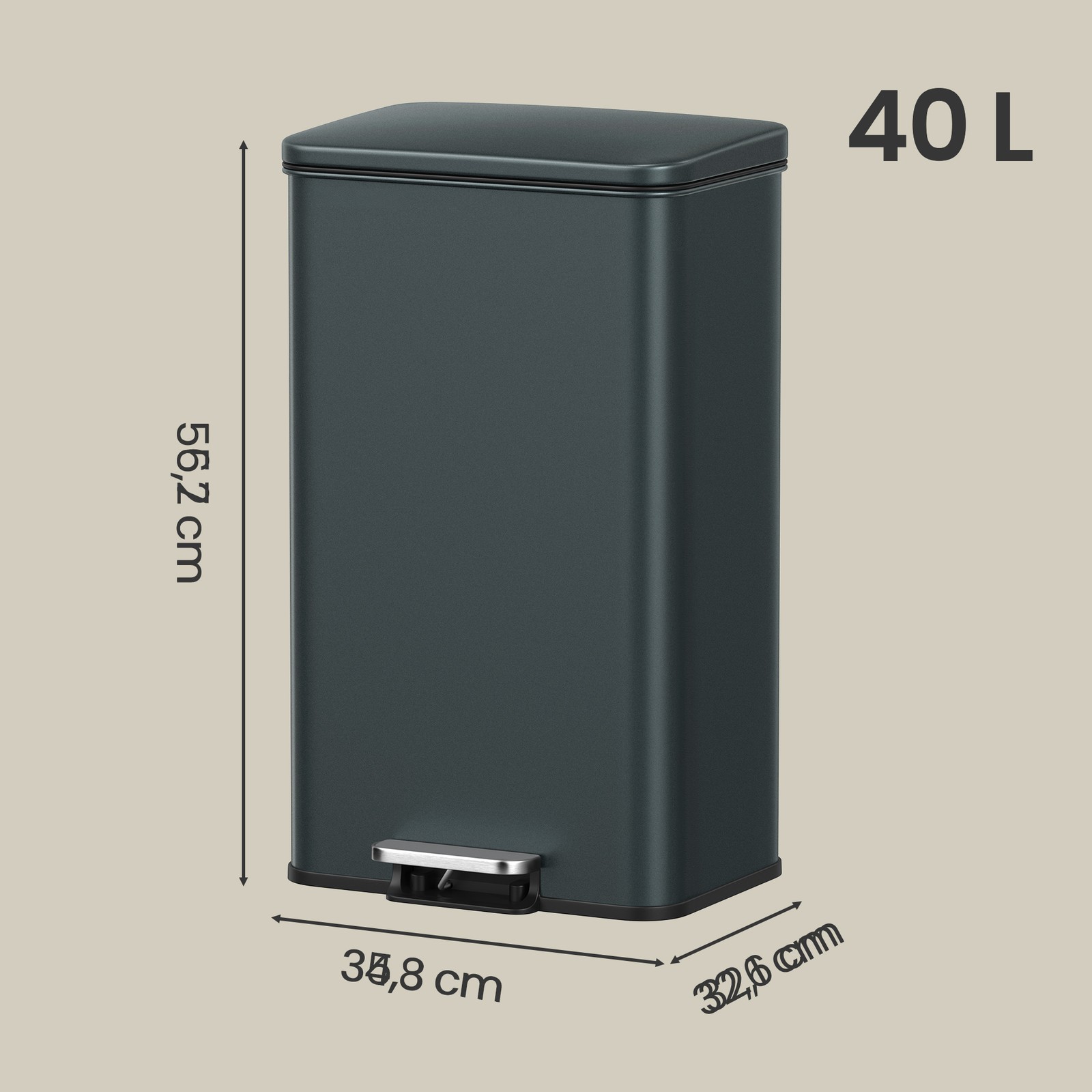 Pedāļa atkritumu tvertne virtuvei, 40 l, tērauda, pelēka, 34,8 x 32,1 x 59,5 cm - Image 3