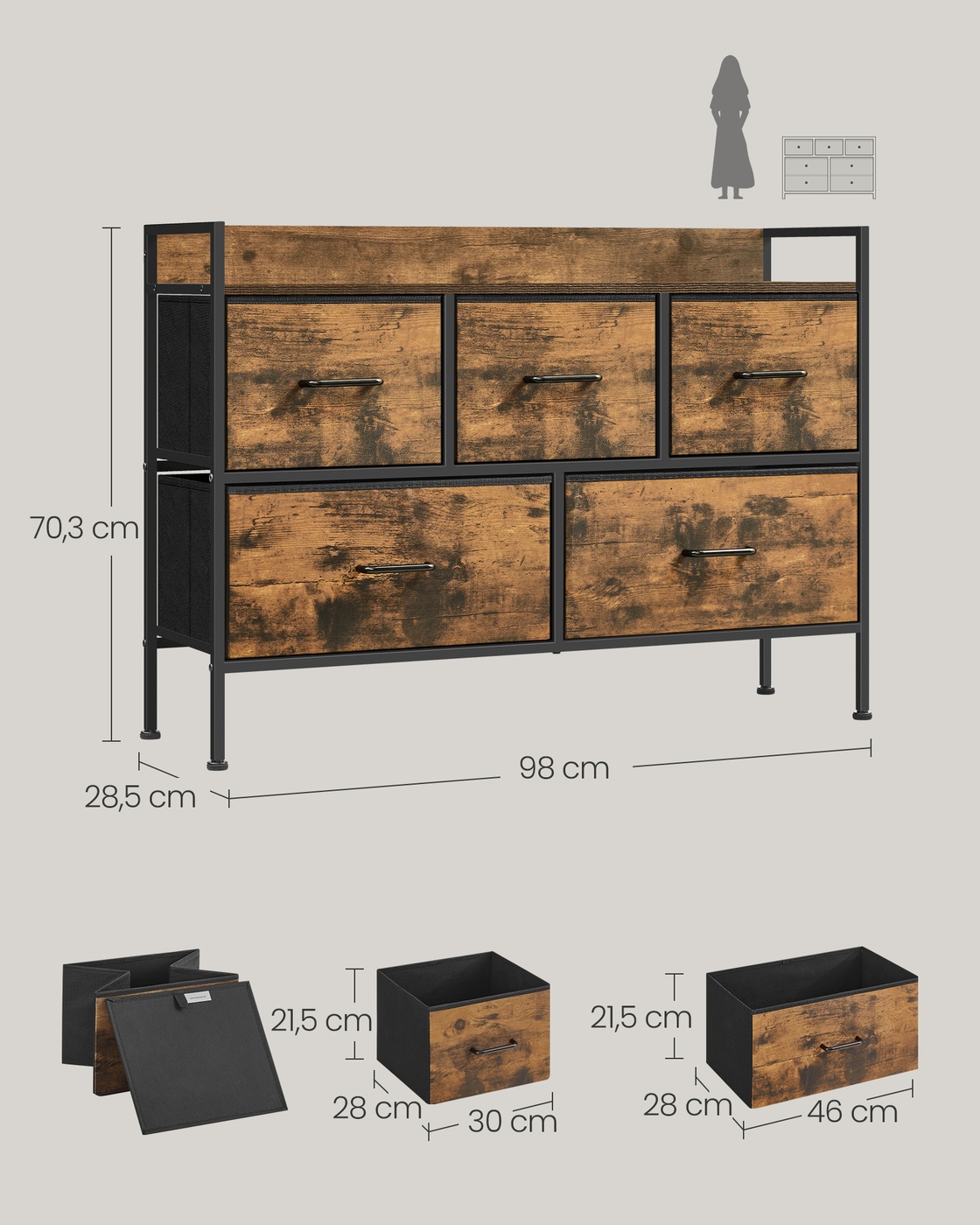Lipasto 5 kangaslaatikolla, 29 x 98,2 x 70 cm, vintage ruskea, musta - Image 5