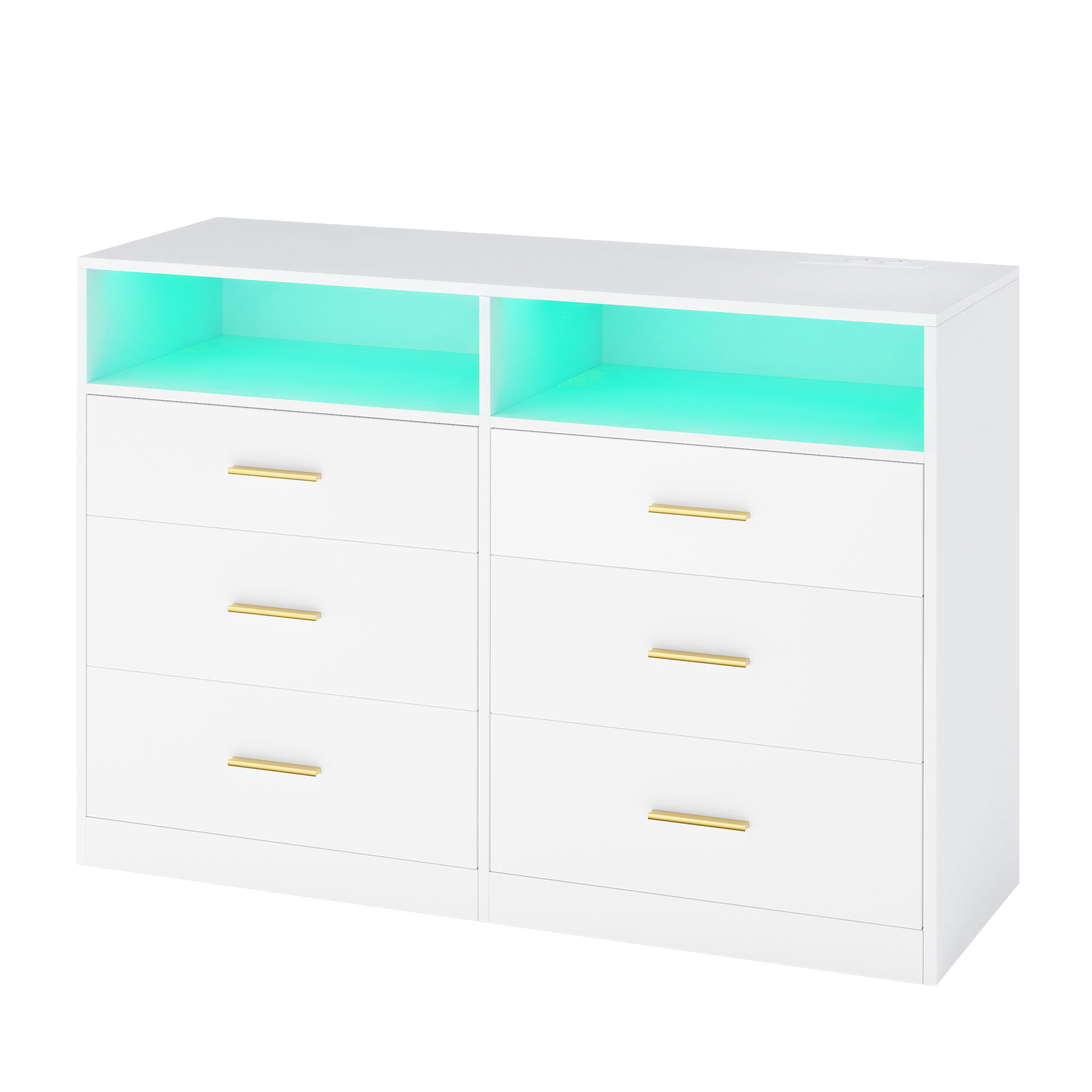 Lipasto LED-valaistuksella ja latausasemalla, 6 laatikkoa, valkoinen, 40 x 119 x 81,2 cm