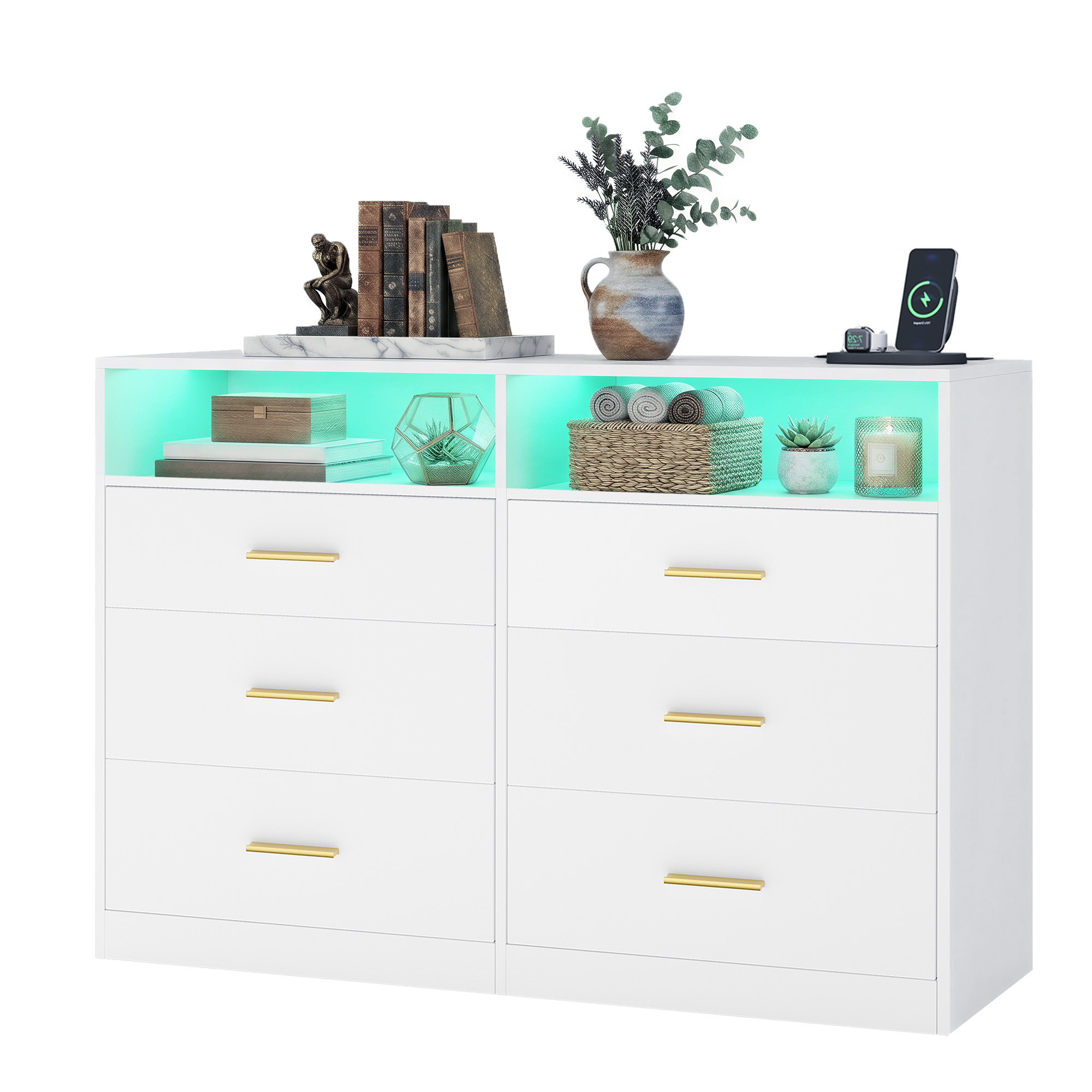 Kumode ar LED apgaismojumu un uzlādes staciju, 6 atvilktnes, balta, 40 x 119 x 81,2 cm - Image 2
