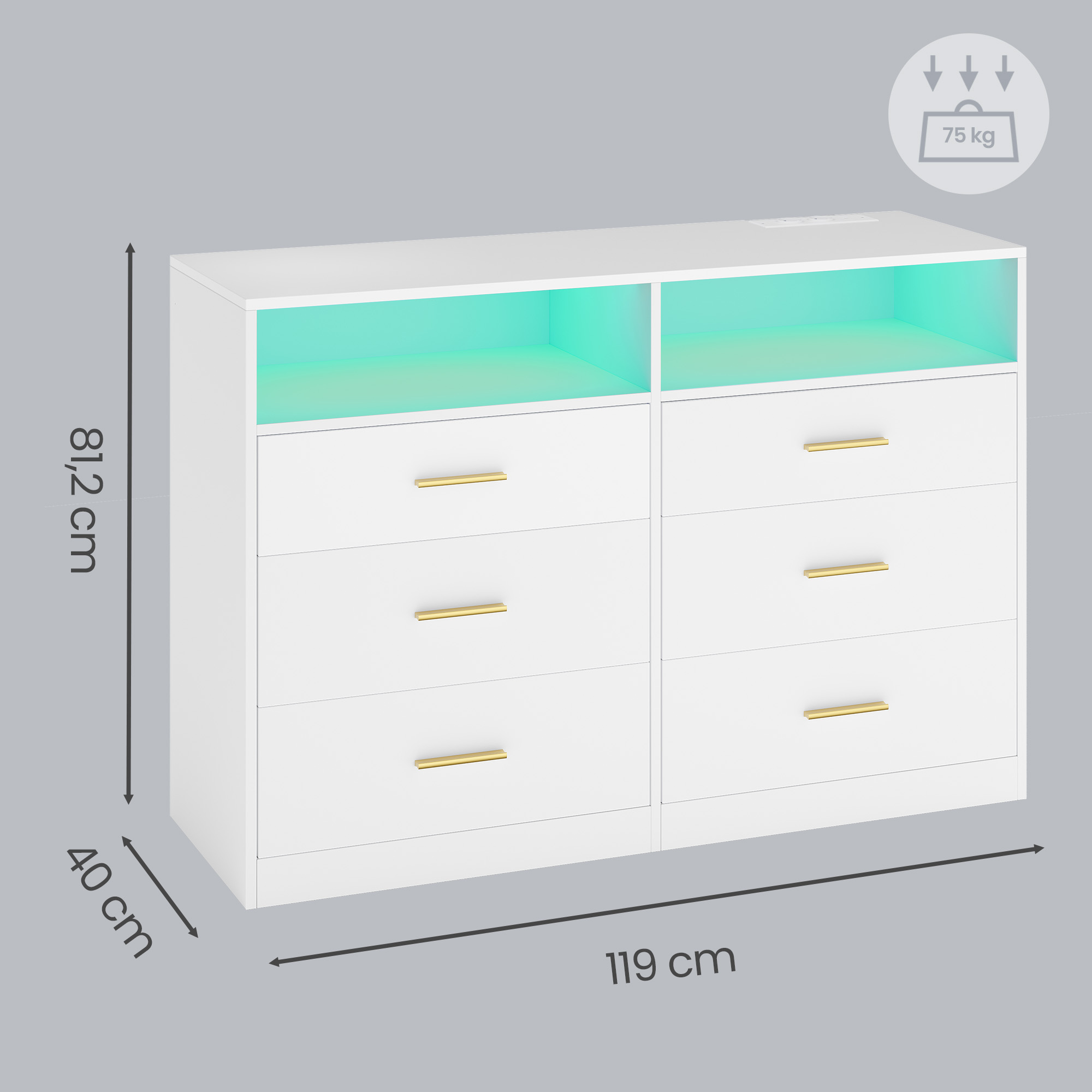 Kumode ar LED apgaismojumu un uzlādes staciju, 6 atvilktnes, balta, 40 x 119 x 81,2 cm - Image 3
