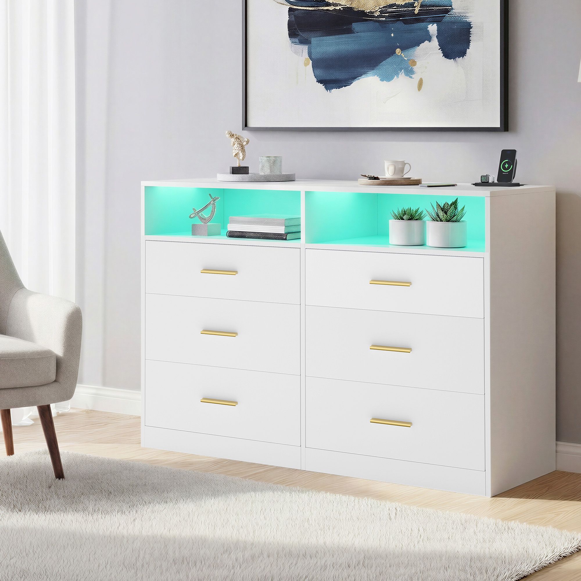 Kumode ar LED apgaismojumu un uzlādes staciju, 6 atvilktnes, balta, 40 x 119 x 81,2 cm - Image 4