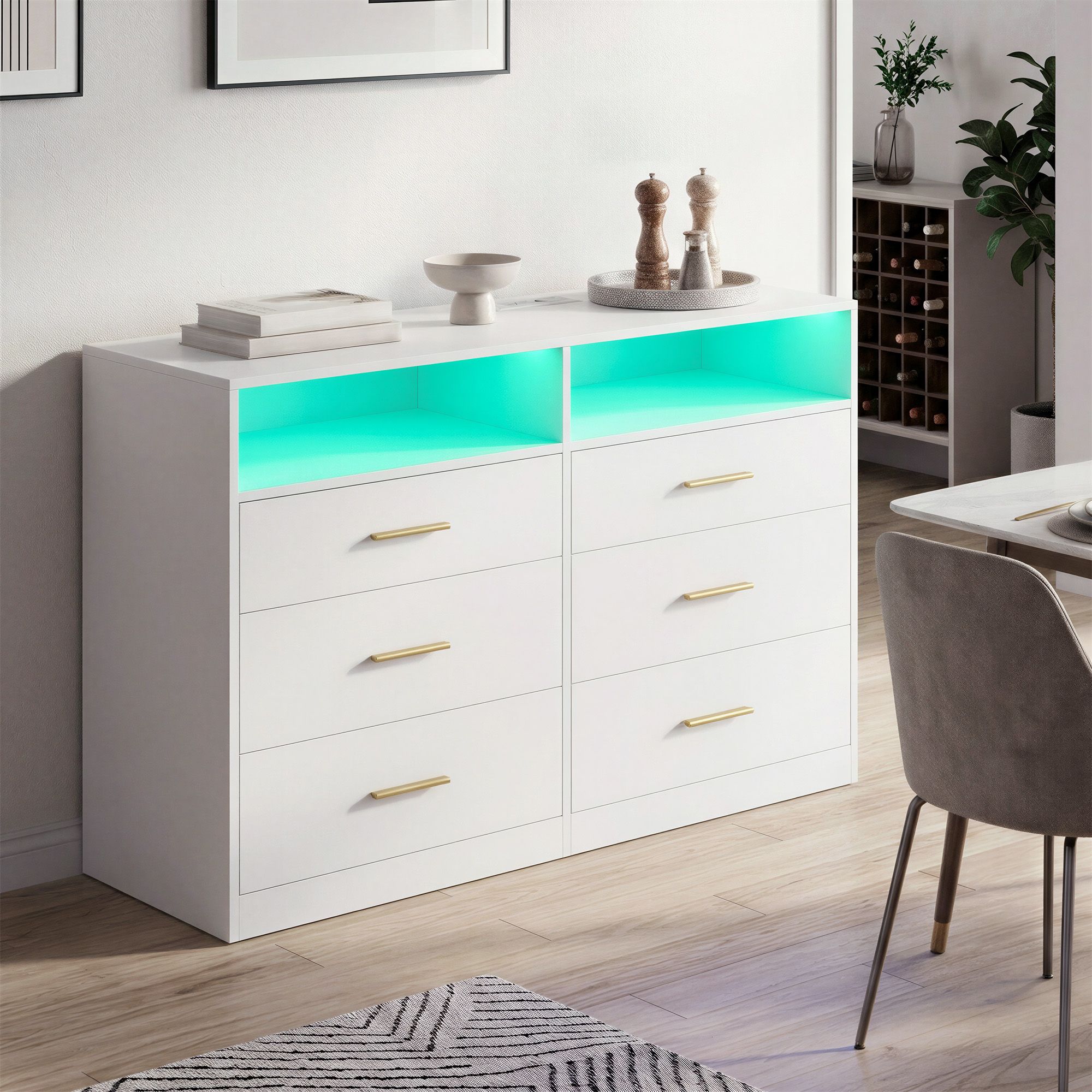 Kumode ar LED apgaismojumu un uzlādes staciju, 6 atvilktnes, balta, 40 x 119 x 81,2 cm - Image 5