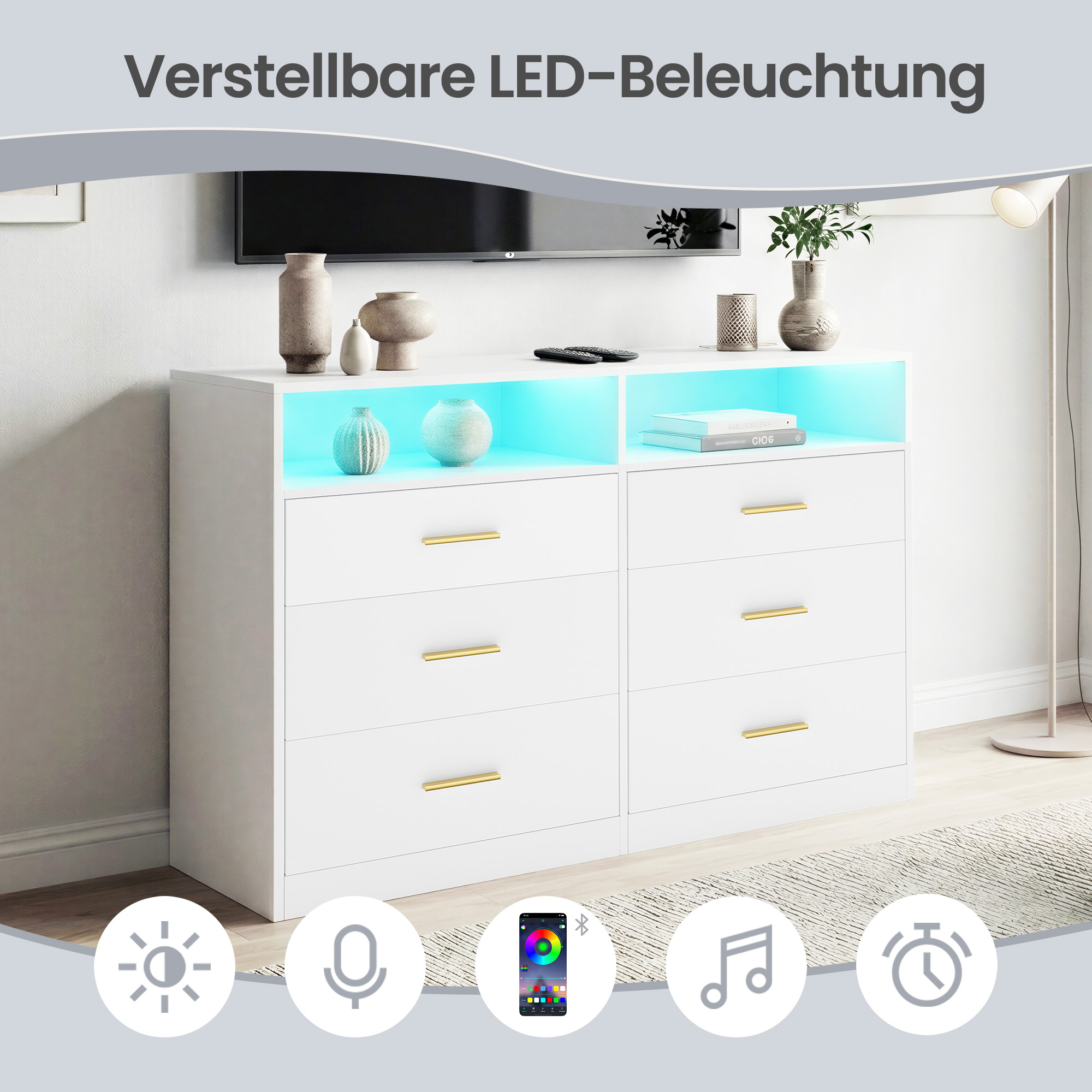 Kumode ar LED apgaismojumu un uzlādes staciju, 6 atvilktnes, balta, 40 x 119 x 81,2 cm - Image 9
