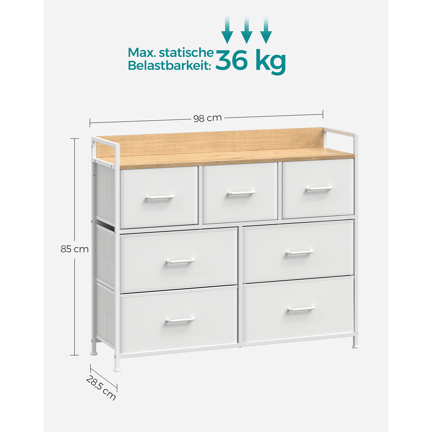 Komoda su 7 medžiaginiais stalčiais, balto ąžuolo ir juodos spalvos, 28,5 x 98 x 85 cm - Image 7