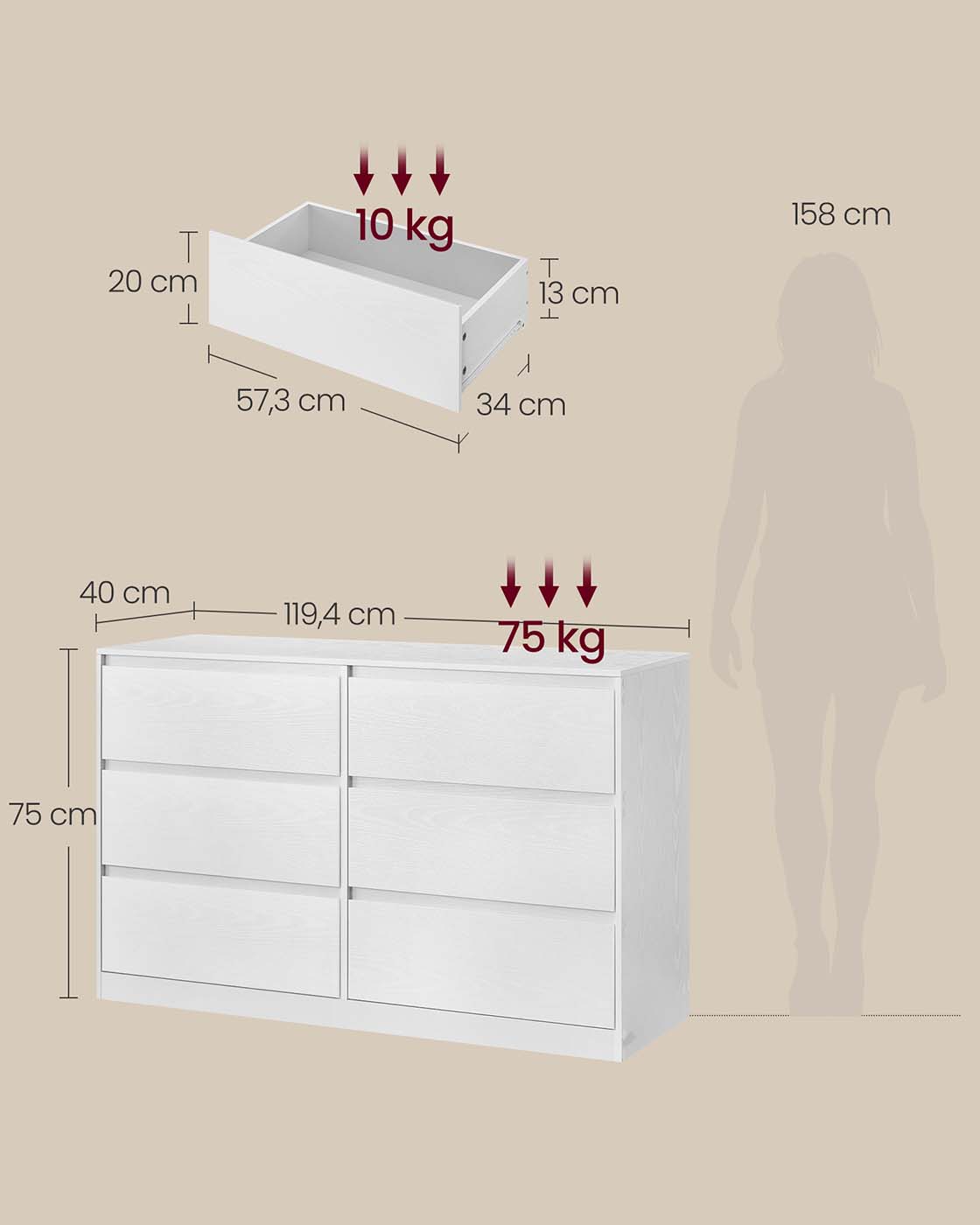 Komoda su 6 stalčiais miegamajam, 40 x 119,4 x 75 cm, sniego baltumo - Image 6