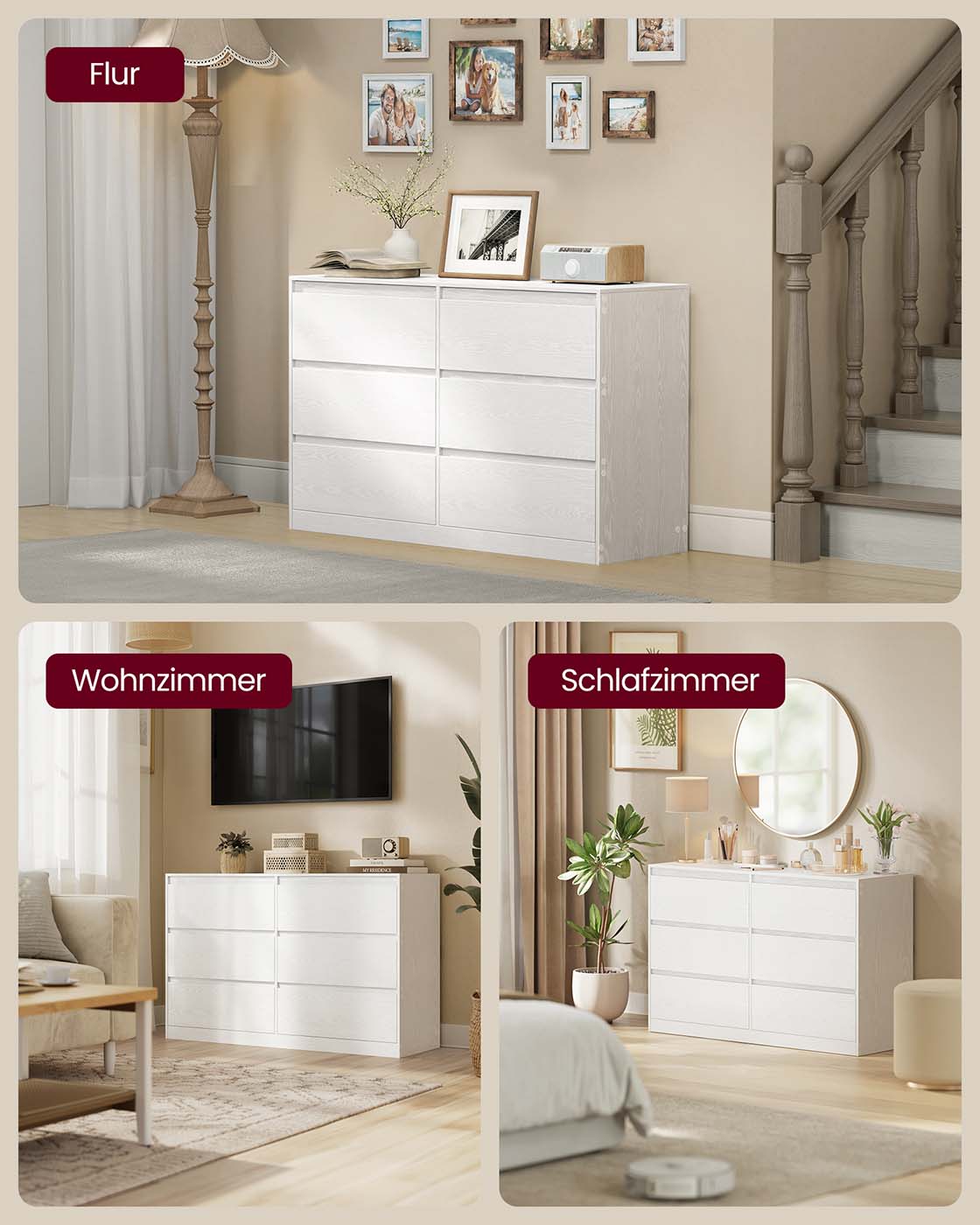 Komoda su 6 stalčiais miegamajam, 40 x 119,4 x 75 cm, sniego baltumo - Image 5