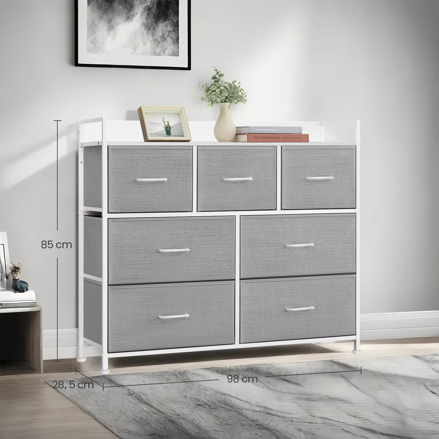 Komoda su 7 medžiaginiais stalčiais, plieninis rėmas, 28,5 x 98 x 85 cm, pilkai balta - Image 6