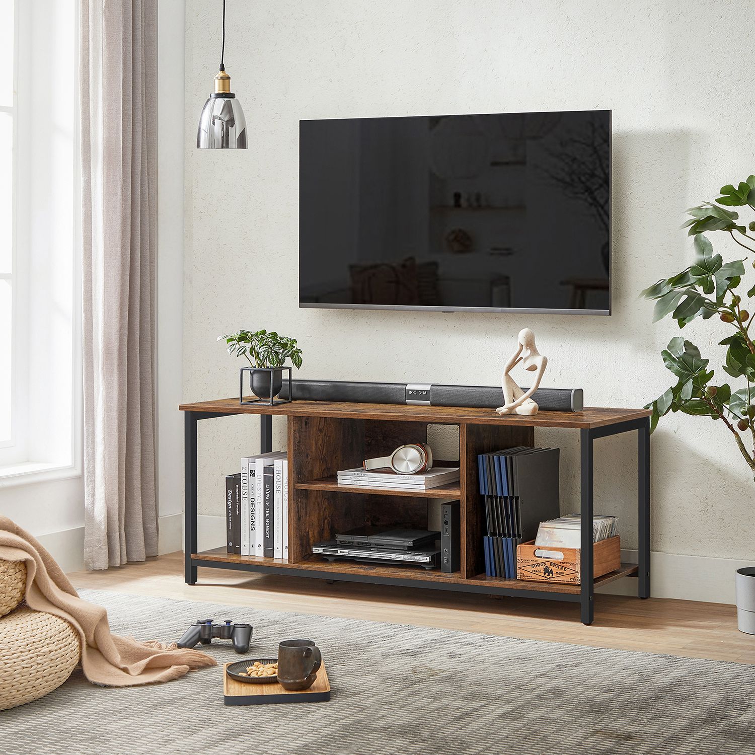 TV spintelė su atviromis lentynomis, 120 x 40 x 50 cm, medžio drožlių plokštė ir plienas - Image 2