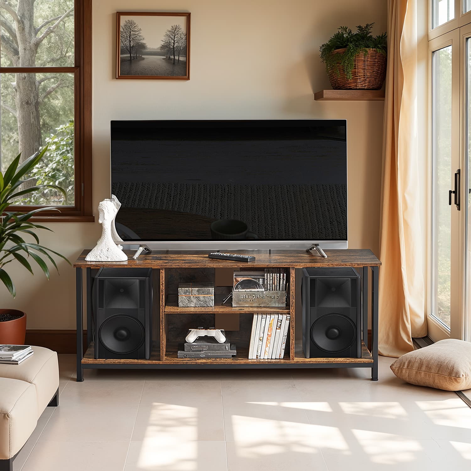 TV spintelė su atviromis lentynomis, 120 x 40 x 50 cm, medžio drožlių plokštė ir plienas