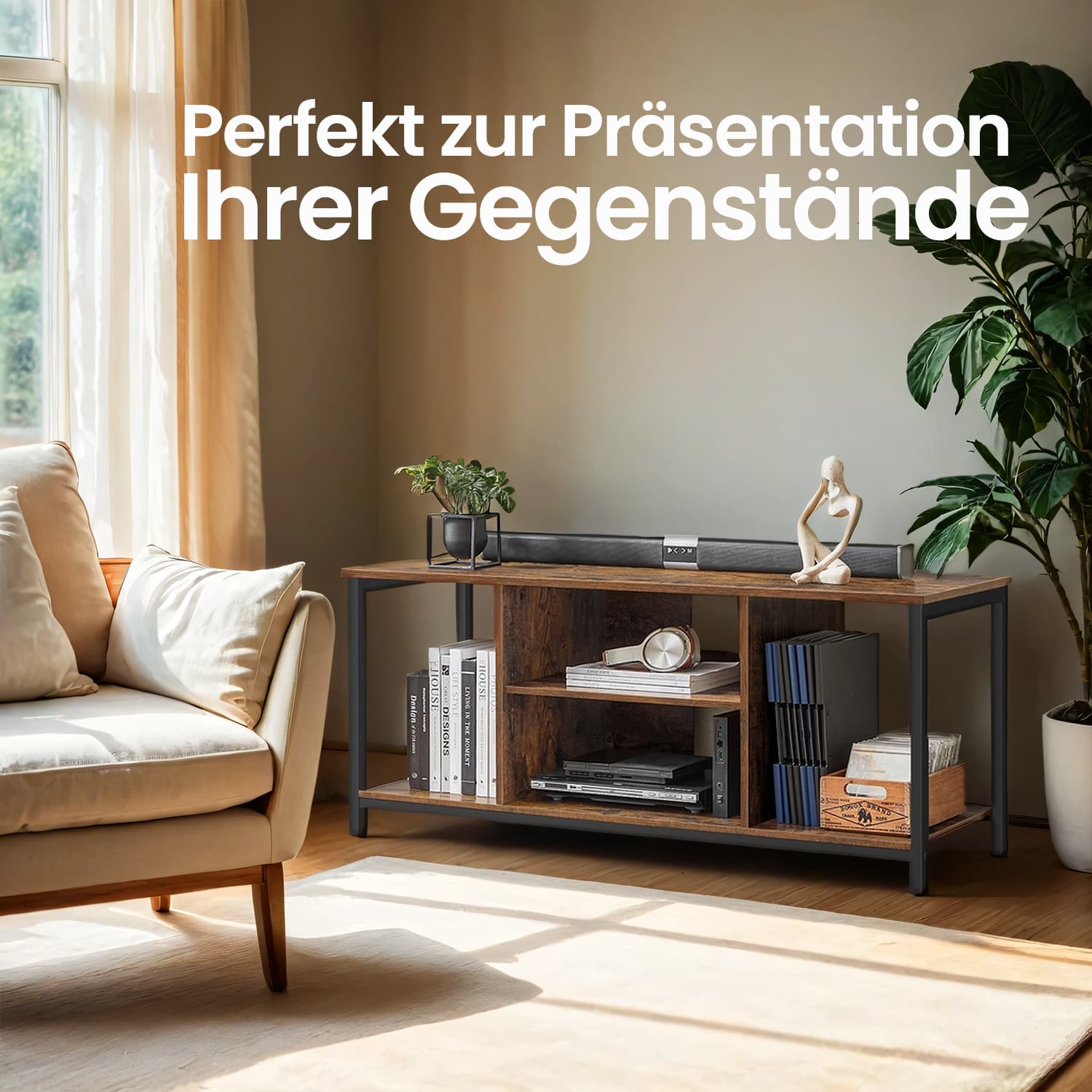 TV spintelė su atviromis lentynomis, 120 x 40 x 50 cm, medžio drožlių plokštė ir plienas - Image 3