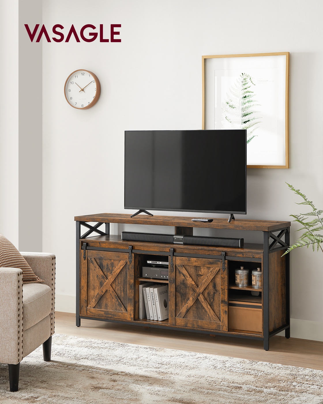 TV-taso, 147 x 40 x 76 cm, vintage ruskea-musta, lastulevyä ja terästä - Image 2