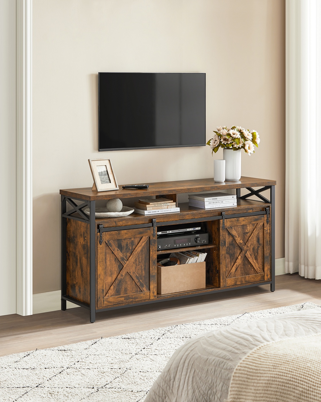 TV-taso, 147 x 40 x 76 cm, vintage ruskea-musta, lastulevyä ja terästä - Image 3