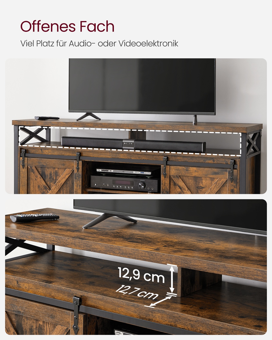 TV-taso, 147 x 40 x 76 cm, vintage ruskea-musta, lastulevyä ja terästä - Image 4