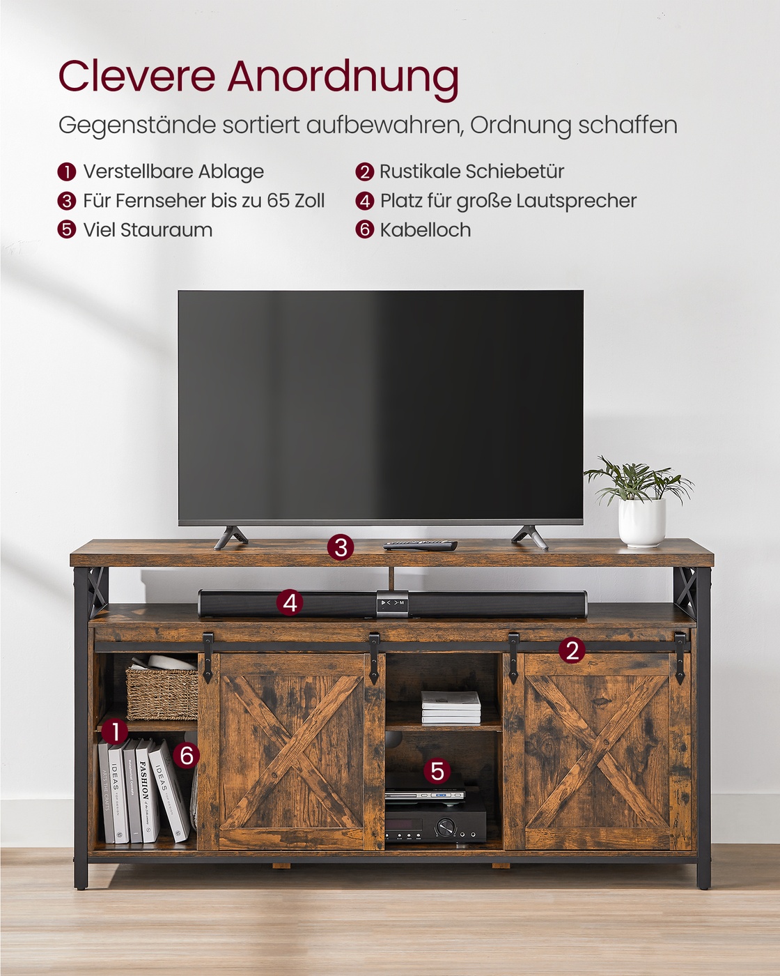 TV-taso, 147 x 40 x 76 cm, vintage ruskea-musta, lastulevyä ja terästä - Image 6