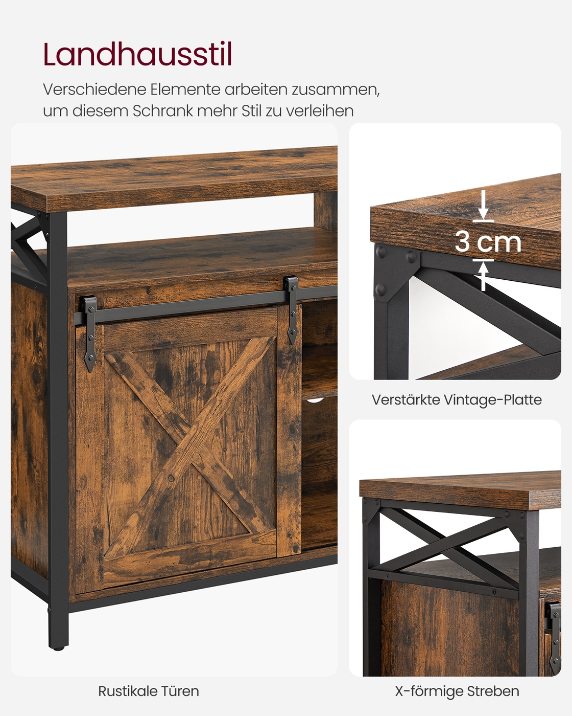 TV-taso, 147 x 40 x 76 cm, vintage ruskea-musta, lastulevyä ja terästä - Image 9