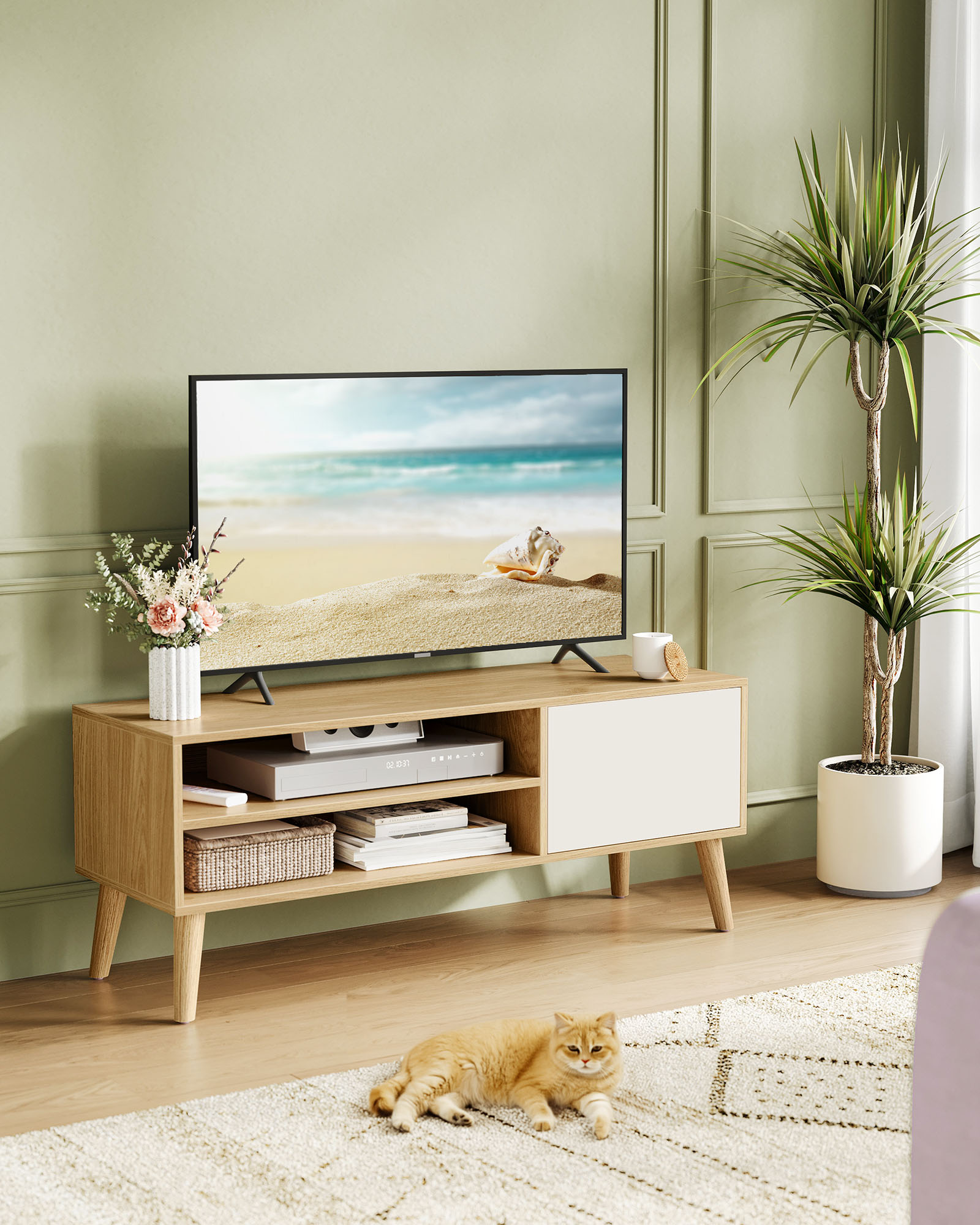 TV staliukas, 120 x 40 x 49 cm, medžio drožlių plokštė ir kaučiukmedis, natūralaus ąžuolo ir kreminės baltos spalvos - Image 2